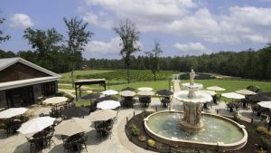 Outdoor patio at Zinc House Winery with fountain, umbrellas, and vineyard views under a sunny sky.